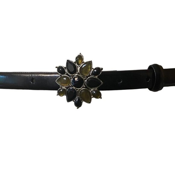 Vtg Liz Claiborne Jeweled Buckle Black Leather Blend Belt Women S Waist 27"-31" - Picture 1 of 10